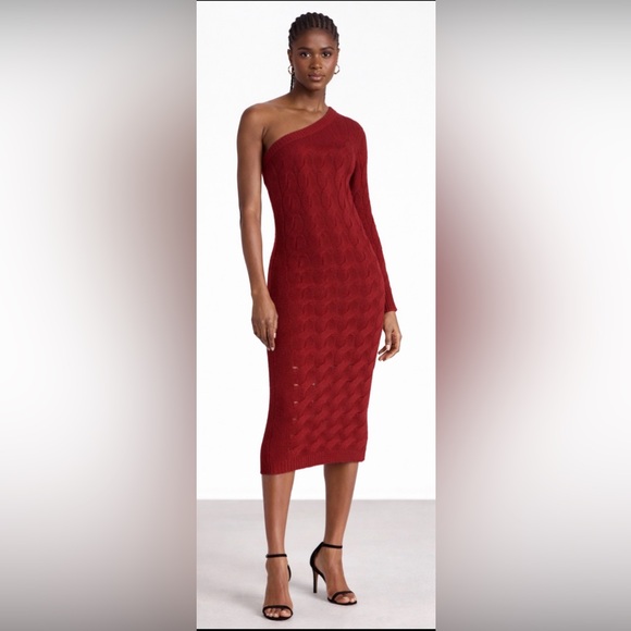NAADAM Red Wool Cashmere One-Shoulder Cable Knit Midi Dress - size S $375 - Picture 11 of 12